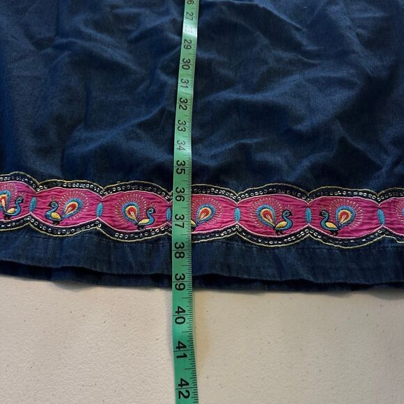 Go Softly Patio Embroidered Peacock Floral Denim Dress Size S Cotton Grandmacore - Picture 9 of 9